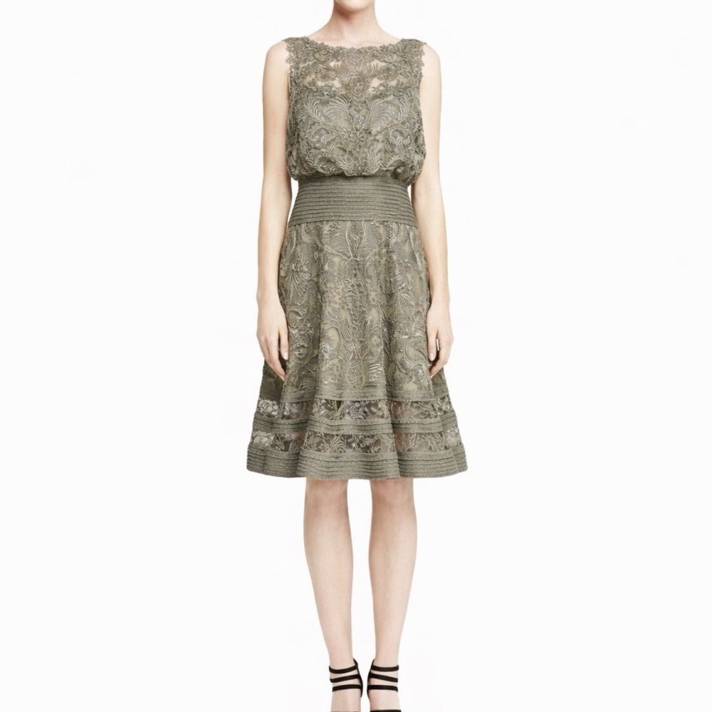 TADASHI SHOJI Dress Cocktail Party Drop Waist Embroidered Metallic Size 12